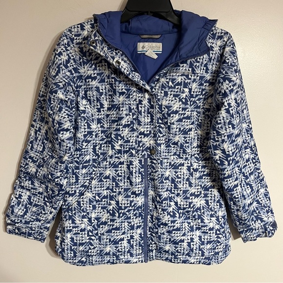 Kids Columbia Winter Hooded Ski Jacket White & Blue Geometric Print Size Large - Picture 1 of 16